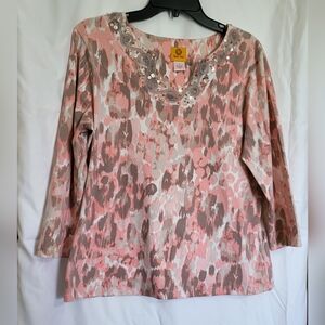Ruby Rd Womens Pink Gray Animal Print Embellished‎ Neck 3/4 Sleeve Blouse Large